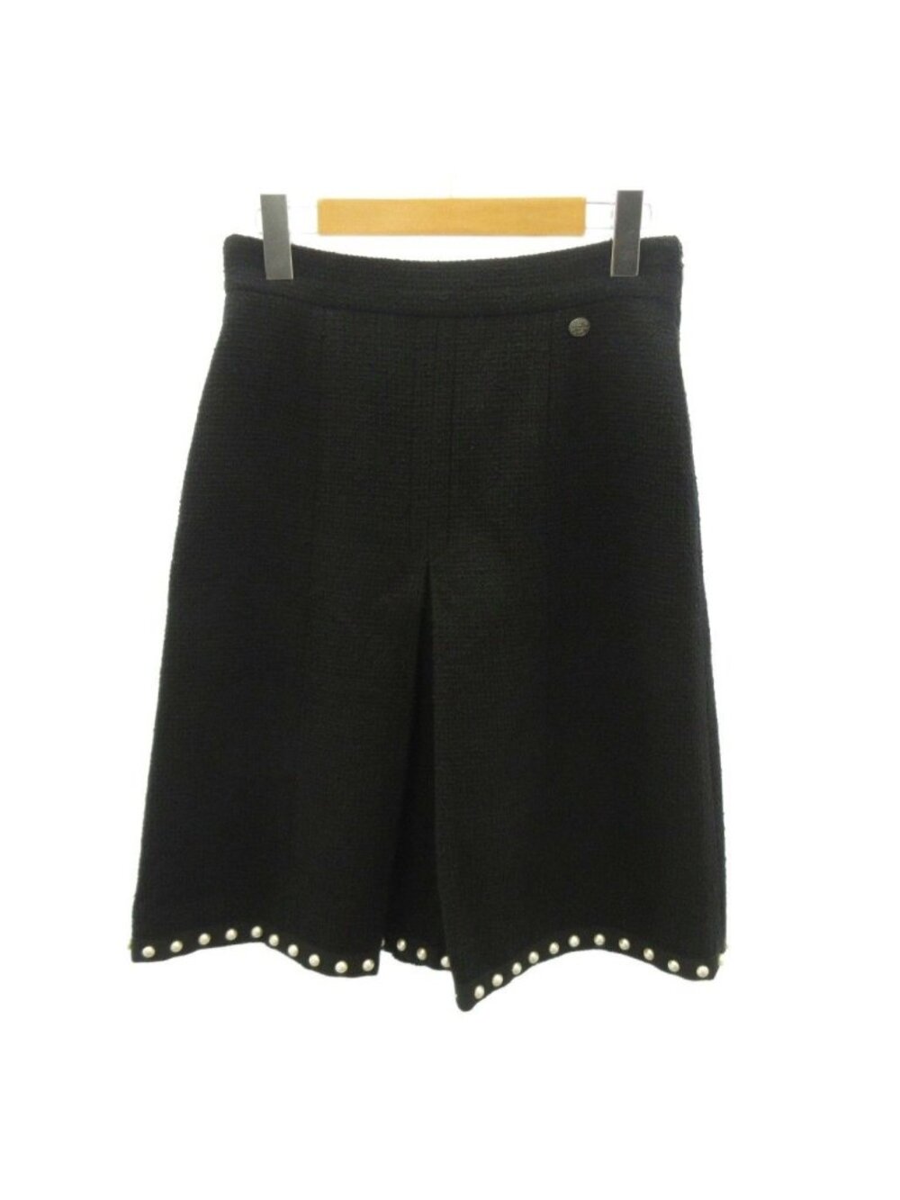 Chanel Tweed Skirt Pearl Coco Metal Patch Long Length Black 36